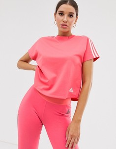 Свободная розовая футболка с тремя полосками adidas Training - Розовый