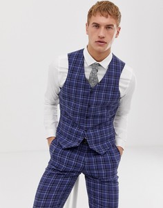 Синий приталенный пиджак в однотонную клетку из ткани с добавлением шерсти ASOS DESIGN - Синий