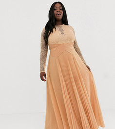 Платье макси с кружевным топом, длинными рукавами и плиссированной вставкой ASOS DESIGN Curve - Оранжевый