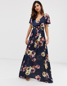 Платье макси с расклешенными рукавами и цветочным принтом City Goddess - Темно-синий