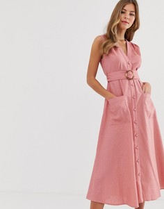 Льняное платье миди на пуговицах с поясом ASOS DESIGN - Розовый
