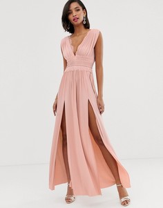 Платье макси с плиссировкой и кружевом ASOS DESIGN Premium - Розовый