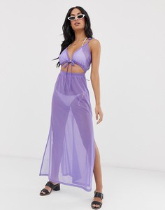 Пляжное сетчатое трикотажное платье макси с завязками на плечах и вырезом на талии неоновой расцветки ASOS DESIGN - Фиолетовый