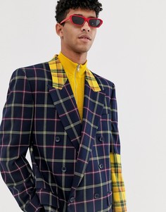 Двубортный oversize-пиджак в клетку с контрастной отделкой желтого цвета на рукавах ASOS DESIGN - Синий
