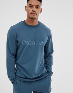 Синий свитшот с круглым вырезом и вышитым логотипом Calvin Klein - Серый