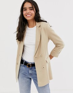 Бежевый двубортный блейзер удлиненного кроя Bershka - Бежевый