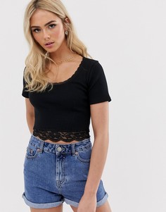 Облегающий топ в рубчик с кружевом ASOS DESIGN - Черный