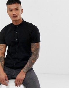 Черная трикотажная рубашка с короткими рукавами и воротником на пуговице Bershka Join Life - Черный
