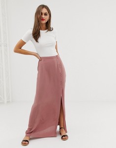 Жатая юбка макси о покрытыми тканью пуговицами ASOS DESIGN - Розовый