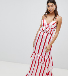 Атласное платье макси в полоску с оборками Boohoo - Розовый