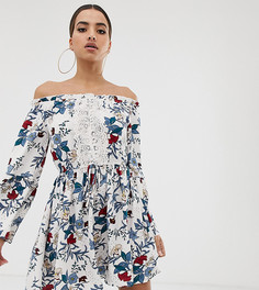 Платье с цветочным принтом, широким вырезом и кружевной вставкой Boohoo - Мульти