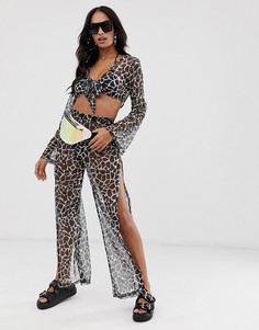 Сетчатые пляжные брюки от комплекта с принтом жираф и разрезами ASOS DESIGN - Мульти