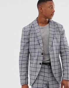 Приталенный пиджак из хлопка и льна в клетку Selected Homme - Серый