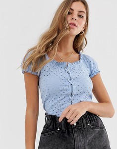 Голубой топ со шнуровкой спереди и вышивкой ришелье New Look - Синий