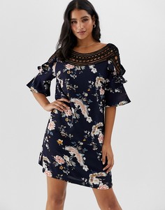 Платье мини с цветочным принтом и вставками кроше Liquorish - Темно-синий