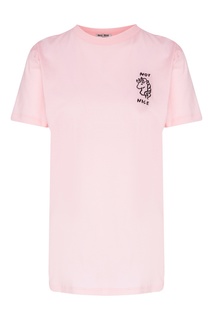 Розовая футболка с черной вышивкой Miu Miu