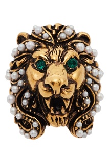 Кольцо в виде львиной головы с жемчугом и кристаллами Gucci
