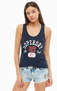 Хлопковая майка синего цвета с декоративным принтом Superdry