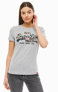 Серая хлопковая футболка с ярким декором Superdry
