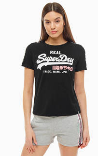 Черная хлопковая футболка с декоративным принтом Superdry