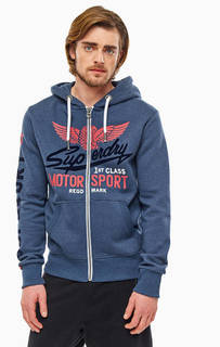 Синяя толстовка на молнии с капюшоном и принтом Superdry