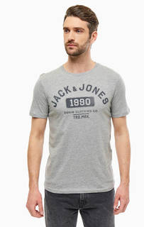 Хлопковая футболка серого цвета с контрастным принтом Jack & Jones