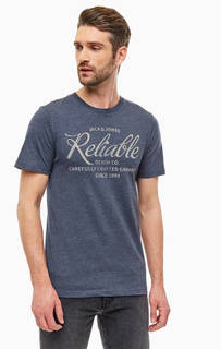 Хлопковая футболка синего цвета с круглым вырезом и короткими рукавами Jack & Jones