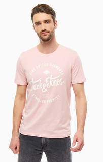 Хлопковая футболка розового цвета с декоративным принтом Jack & Jones
