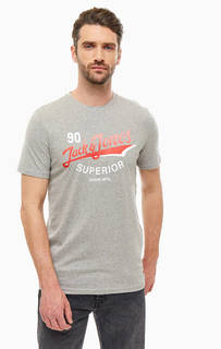 Хлопковая футболка серого цвета с декоративным контрастным принтом Jack & Jones