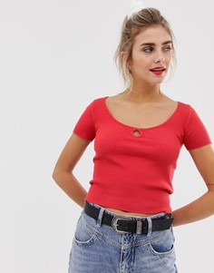 Красный топ в рубчик с вырезом капелькой Bershka - Розовый