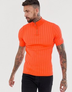 Оранжевая трикотажная футболка в рубчик с короткой молнией ASOS DESIGN - Оранжевый