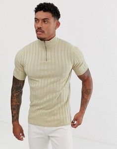Бежевая трикотажная футболка в рубчик с короткой молнией ASOS DESIGN - Бежевый