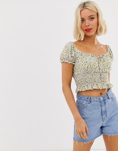 Топ с пышными рукавами, квадратным вырезом и цветочным узором New Look - Белый