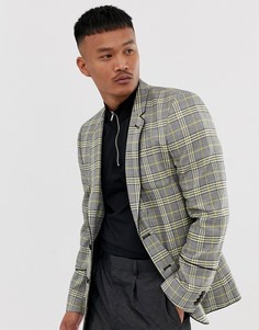Желтый приталенный блейзер в клетку с окантовкой ASOS DESIGN - Серый
