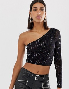 Сетчатый кроп-топ на одно плечо со стразами ASOS DESIGN - Черный