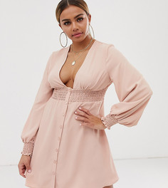 Платье мини с длинными рукавами, пуговицами и сборками ASOS DESIGN Petite - Розовый