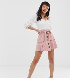 Льняная плиссированная мини-юбка на пуговицах с карманами ASOS DESIGN Petite - Розовый