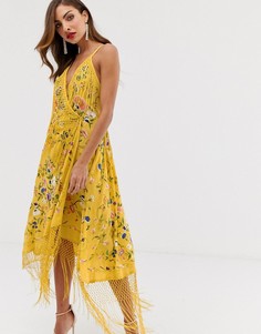 Платье на бретельках с запахом, вышивкой и бахромой ASOS EDITION - Желтый