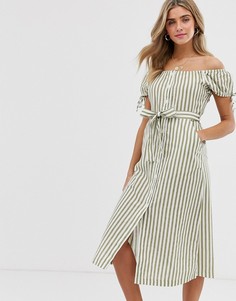 Платье миди в зеленую полоску с открытыми плечами и пуговицами Miss Selfridge - Мульти