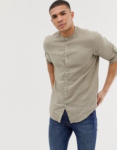 Бежевая льняная приталенная рубашка с воротником-стойкой и длинными рукавами Celio - Бежевый
