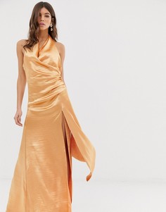 Блестящее атласное платье макси с халтером и драпировкой ASOS DESIGN - Оранжевый