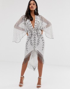 Платье-кимоно миди с отделкой бисером ASOS DESIGN - Белый