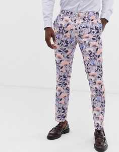Свадебные облегающие брюки с цветочным принтом синего цвета Burton Menswear - Синий