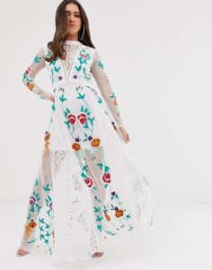 Белое платье макси с кружевной отделкой и цветочной вышивкой Frock And Frill - Белый