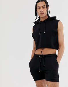 Черный спортивный костюм с худи без рукавов и короткими шортами с необработанными краями ASOS DESIGN - Черный