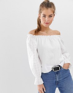 Белый топ с длинными рукавами и вышивкой ришелье Pull&Bear - Белый