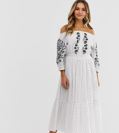 Платье макси на пуговицах в горошек с открытыми плечами и вышивкой Violet Skye - Белый