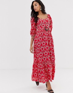 Платье макси с вырезом сердечком, вышивкой, поясом и пряжкой ASOS DESIGN Premium - Красный