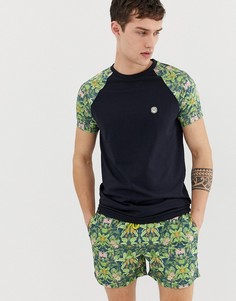 Комбинируемая футболка с рукавами реглан и тропическим принтом Le Breve - Темно-синий