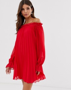 Платье-трапеция мини с открытыми плечами и складками ASOS DESIGN - Красный